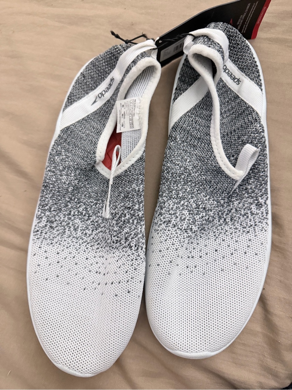 Speedo Knit Slip-On Water Shoe in White and Gray with Pink Insole